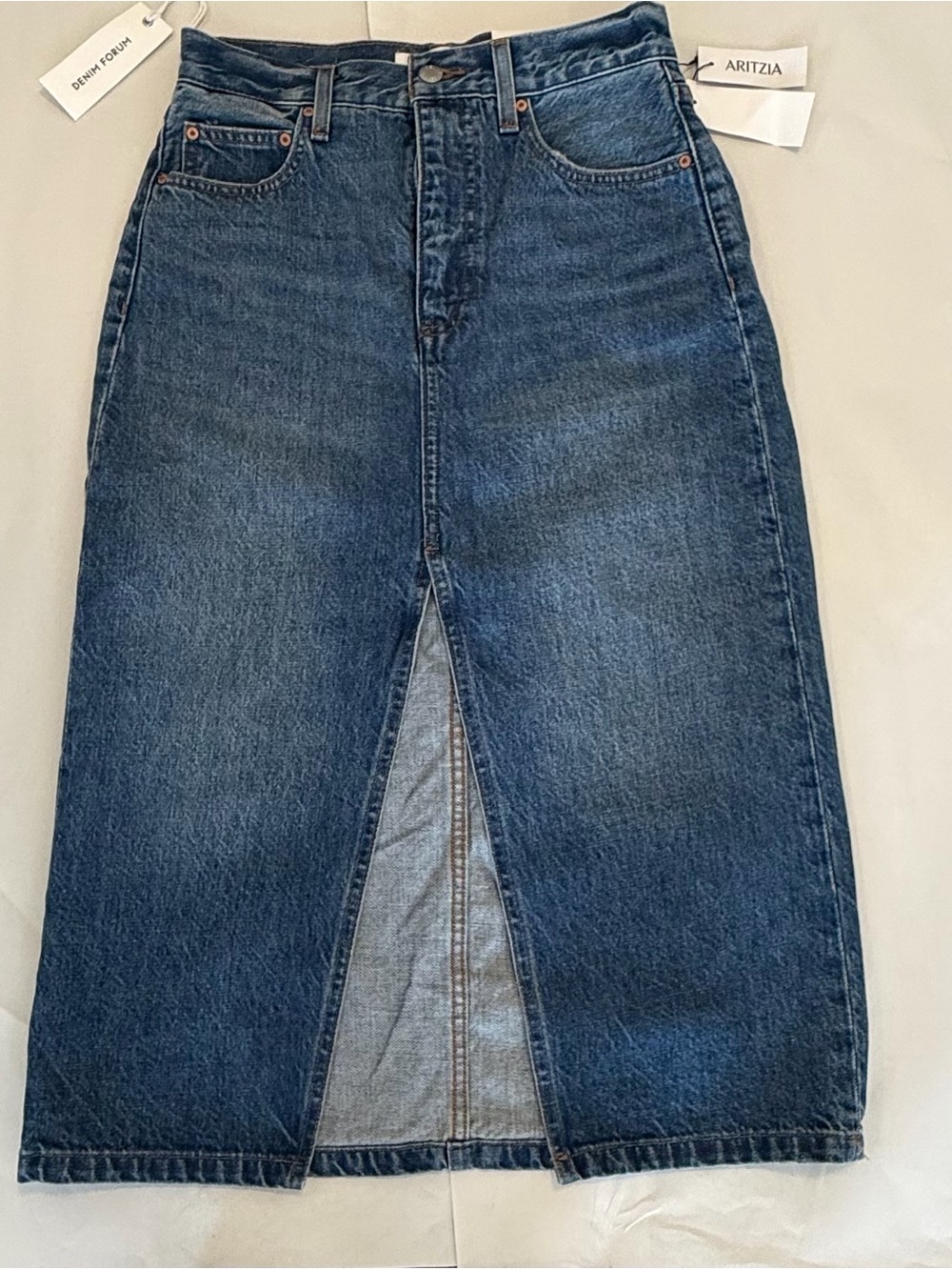 Denim Forum Blue High-Rise Midi Jean Skirt